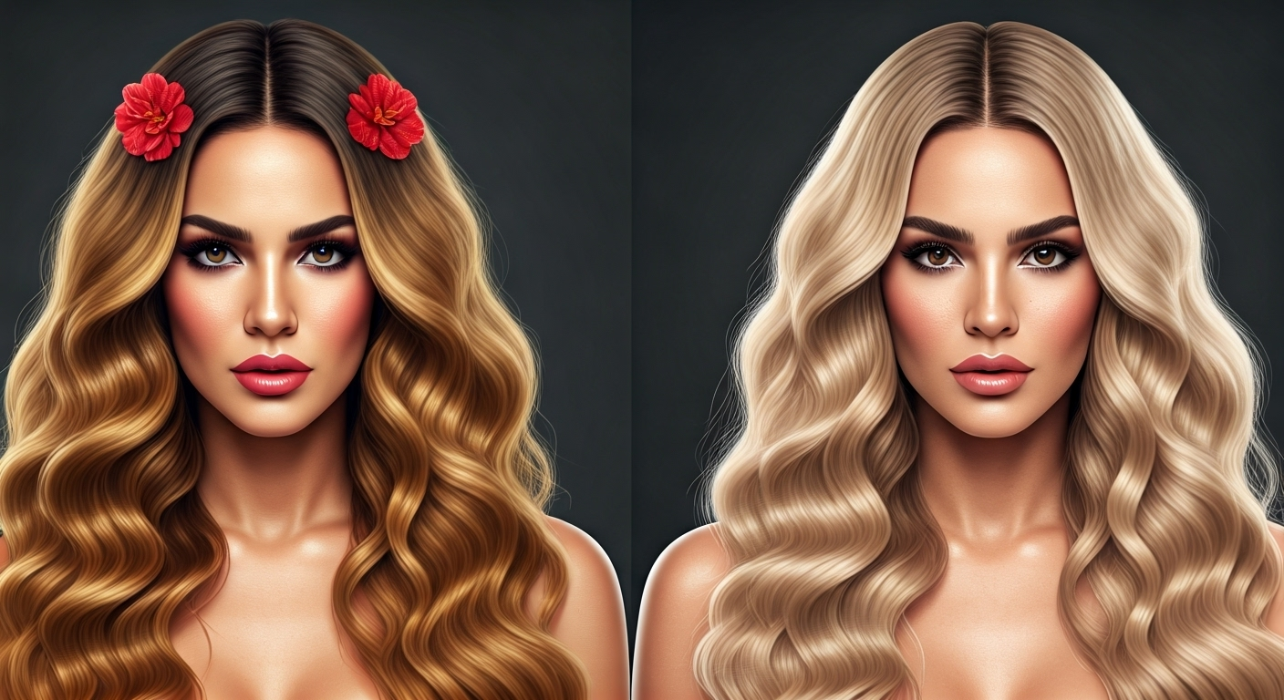 Fotografía conceptual y realista de la influencer cubana Milenita, con un antes y después de su transformación de look. El 'antes' muestra un estilo vibrante y exagerado con flores grandes en el cabello y maquillaje intenso, mientras el 'después' revela un look sofisticado y elegante con ondas rubias perfectas y una bata de satén. Estilo cinematográfico, alta definición.