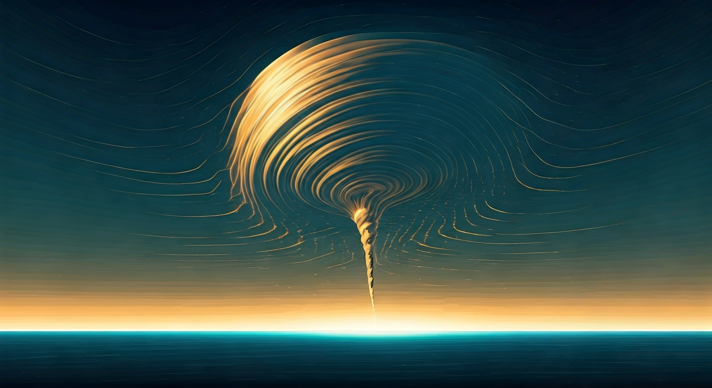 Representación simbólica de la formación de tormentas tropicales con estilo visual periodístico. ```