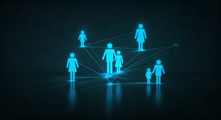 Representación simbólica de la conexión familiar a través de la tecnología, con estilo visual periodístico.