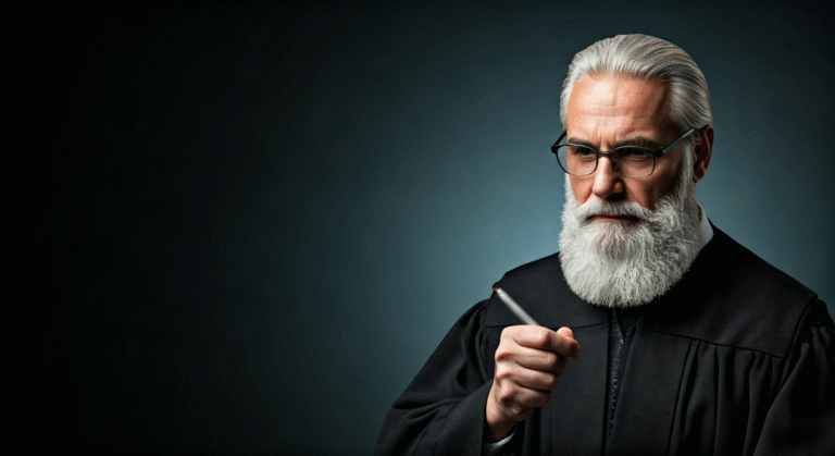 Representación simbólica de la justicia en un proceso legal, con un mazo de juez estilizado y un fondo abstracto que evoca la incertidumbre.