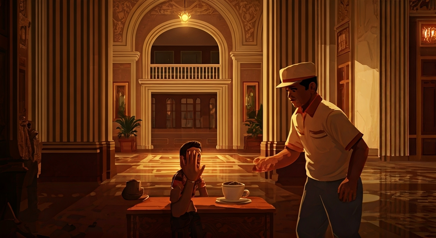 Ilustración editorial de un turista sorprendido frente a un camarero con las manos vacías en un lujoso lobby de hotel en Cuba, con granos de café ausentes y un mapa de la isla con grietas. Estilo de arte digital periodístico.