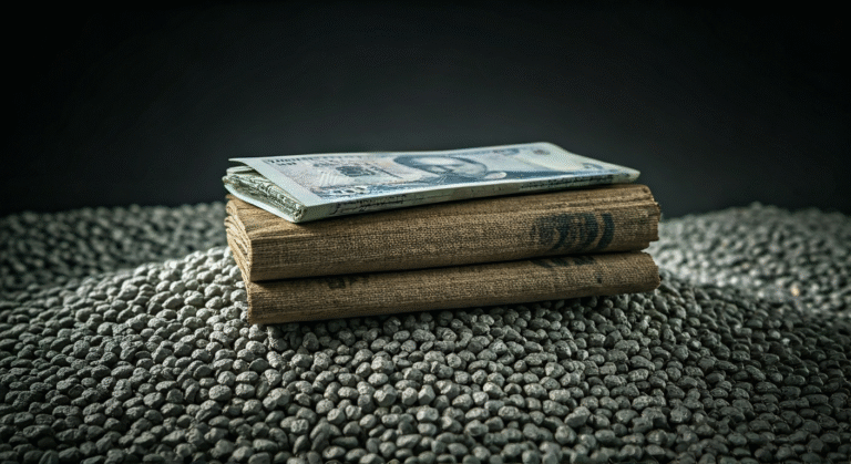 Fotografía conceptual y realista de carbón vegetal apilado, con billetes de pesos cubanos parcialmente ocultos entre las piezas. Iluminación dramática y detalles nítidos.