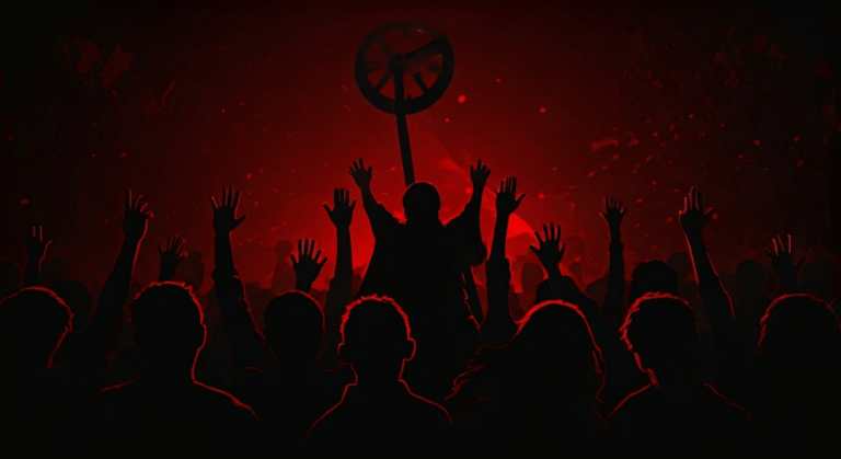 Representación simbólica de la protesta comunitaria contra redadas migratorias con estilo visual periodístico.