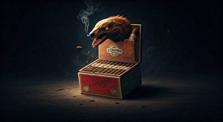Concepto visual que ilustra paquetes de cigarros H. Upmann falsificados, con aserrín visible emergiendo de un paquete roto, simbolizando el fraude en el mercado informal de La Cuevita en La Habana. Estilo de arte gráfico moderno y tecnológico.