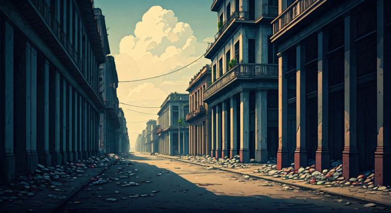 Concepto visual que ilustra la decadencia de Cuba a través de un paisaje urbano con edificios en ruinas y calles llenas de basura, simbolizando un sistema en deterioro, con un estilo de arte gráfico moderno y periodístico.