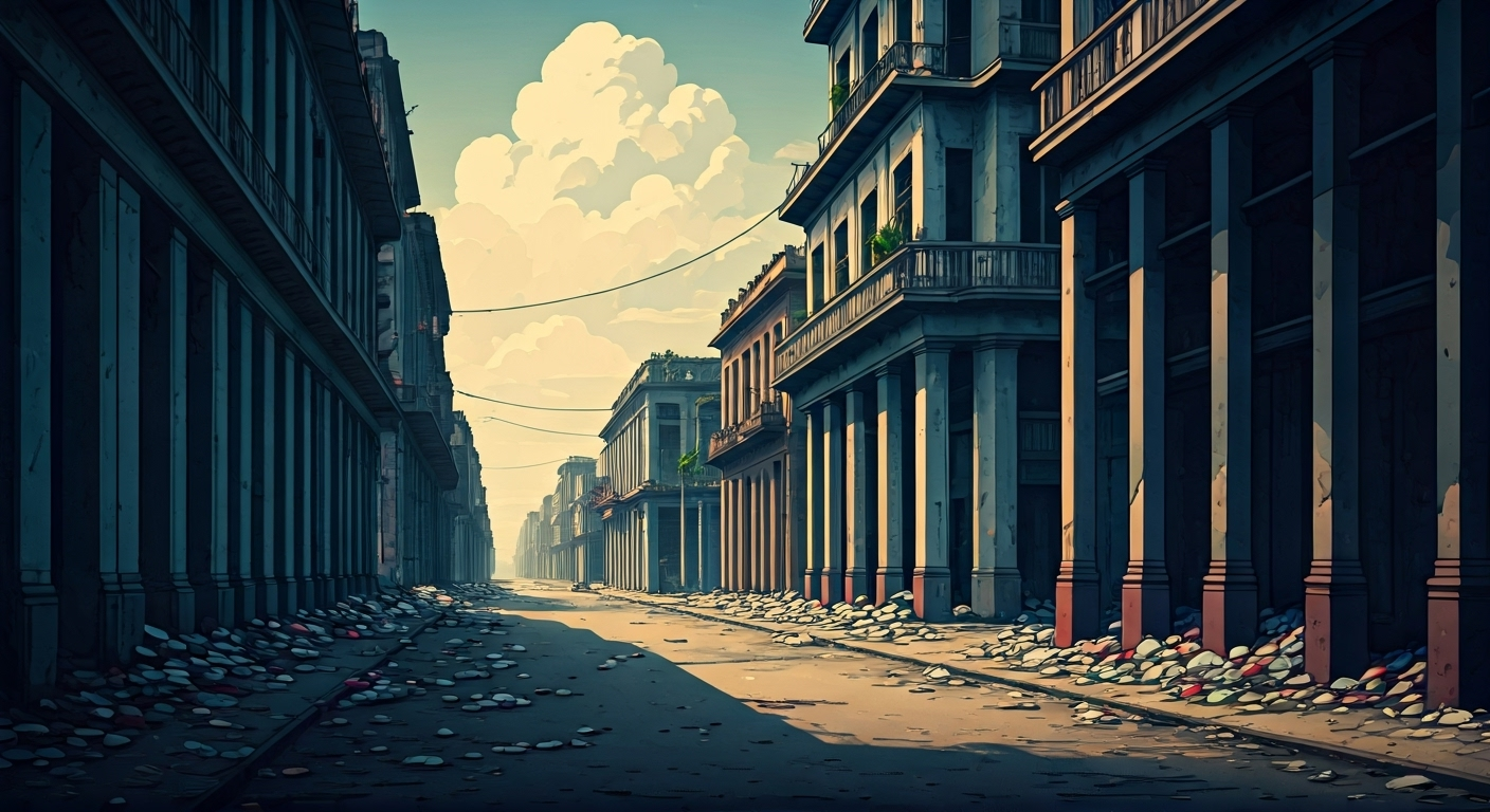 Concepto visual que ilustra la decadencia de Cuba a través de un paisaje urbano con edificios en ruinas y calles llenas de basura, simbolizando un sistema en deterioro, con un estilo de arte gráfico moderno y periodístico.