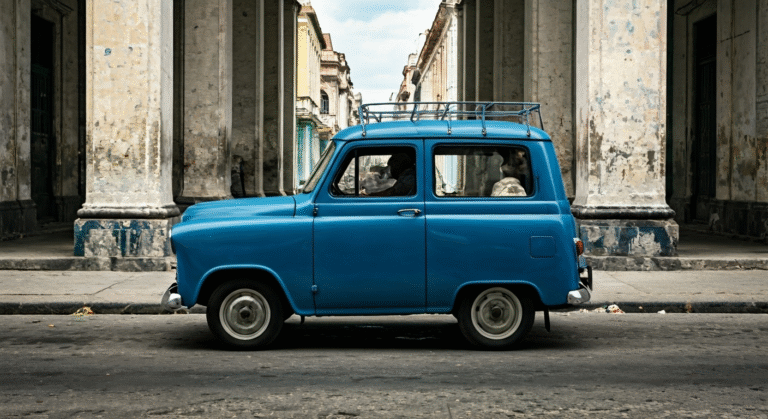 Representación simbólica de la movilidad urbana y el transporte de mascotas en La Habana con estilo visual periodístico.
