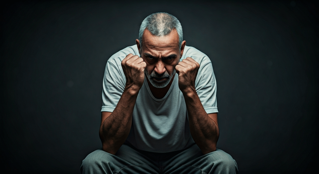 Fotografía conceptual y realista de un hombre cubano de mediana edad, con una expresión de frustración y determinación, sentado en un entorno que simboliza la dualidad entre la escasez en Cuba y las presiones del exilio en EE. UU. Estilo cinematográfico, alta definición.