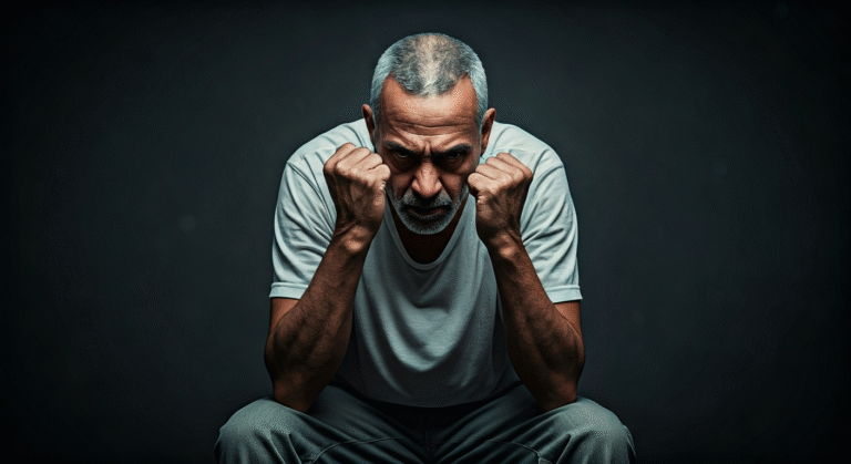 Fotografía conceptual y realista de un hombre cubano de mediana edad, con una expresión de frustración y determinación, sentado en un entorno que simboliza la dualidad entre la escasez en Cuba y las presiones del exilio en EE. UU. Estilo cinematográfico, alta definición.