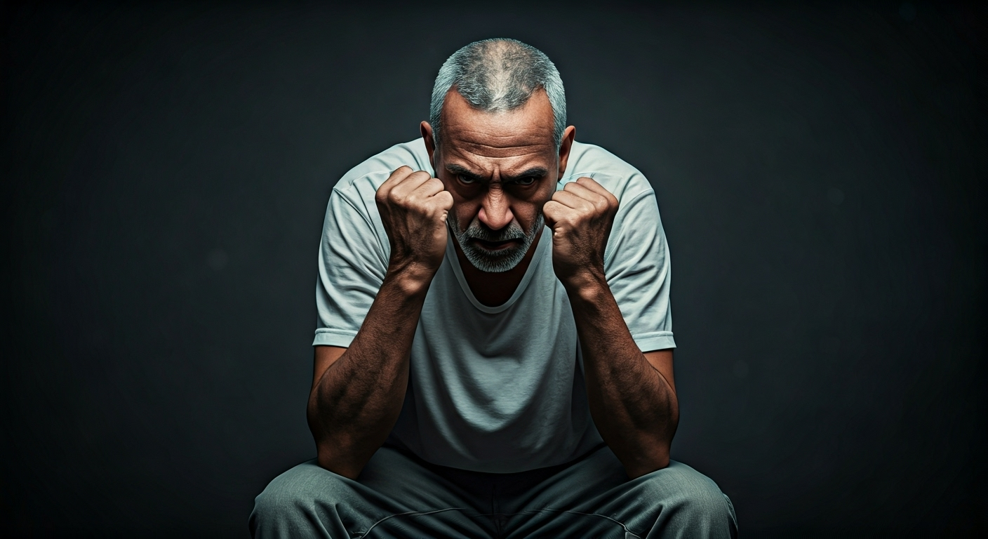 Fotografía conceptual y realista de un hombre cubano de mediana edad, con una expresión de frustración y determinación, sentado en un entorno que simboliza la dualidad entre la escasez en Cuba y las presiones del exilio en EE. UU. Estilo cinematográfico, alta definición.