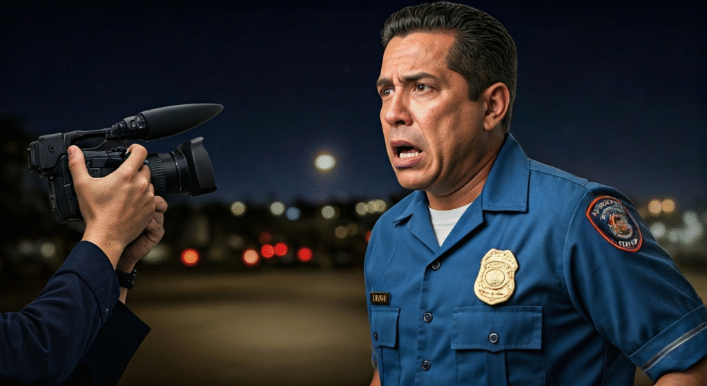 Fotografía conceptual y realista de Máximo Vásquez Jr. en uniforme de bombero de Miami, con una expresión de angustia, y la mano de un agente de policía con una cámara corporal en un escenario que simboliza un enfrentamiento nocturno. Estilo cinematográfico, alta definición.