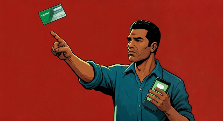 Ilustración editorial de un hombre cubanoamericano, Leonardo Peña, señalando una Green Card flotando en el aire con un teléfono móvil que muestra un mensaje de extorsión, representando la creciente inseguridad en Cuba y el uso de redes sociales para delitos, con un estilo de arte digital periodístico.