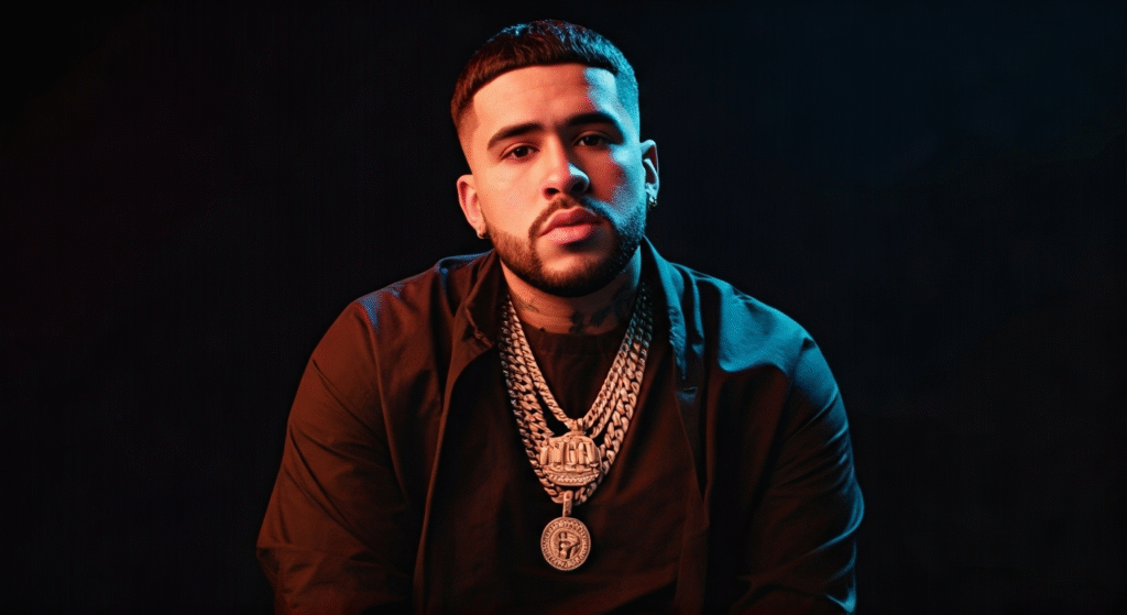 Representación simbólica del éxito de Bebeshito en la música urbana, destacando su presencia en Spotify junto a Bad Bunny. ```