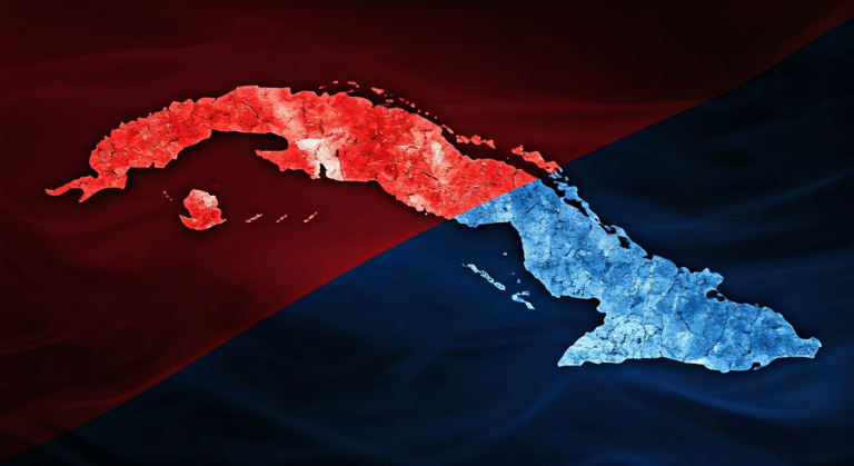 Representación simbólica de la tensión social en Cuba con elementos visuales periodísticos.