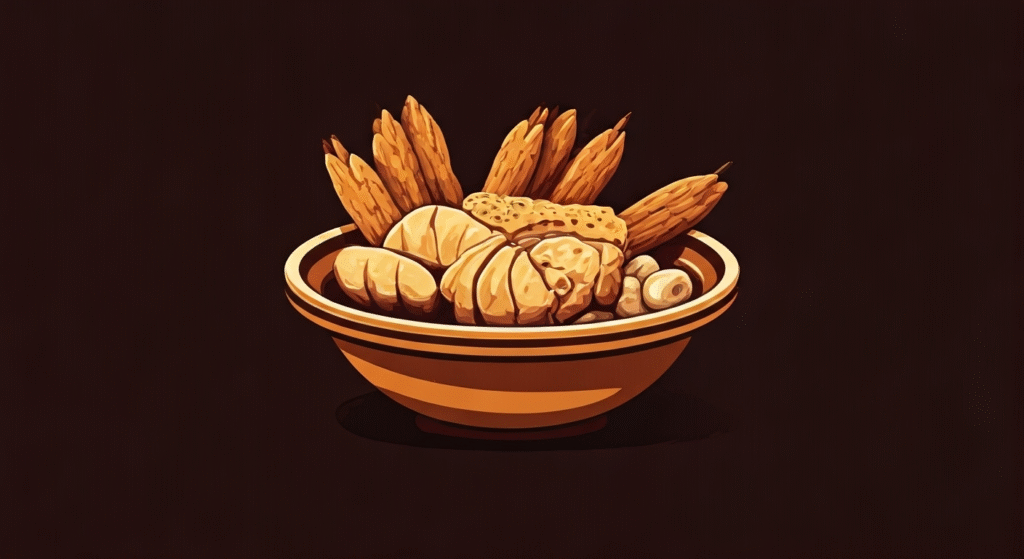 Representación simbólica de la influencia cultural de la comida cubana con estilo visual periodístico.