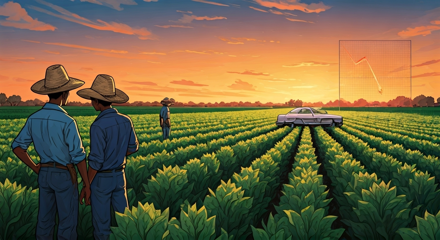 Ilustración editorial de varios agricultores cubanos, representados con sombreros tradicionales y vestimenta sencilla, observando con escepticismo un lujoso coche Mercedes-Benz en un campo de tabaco. En el fondo, un cartel con el logo de Tabacuba y un gráfico descendente simbolizando la devaluación del MLC, con un estilo de arte digital periodístico.