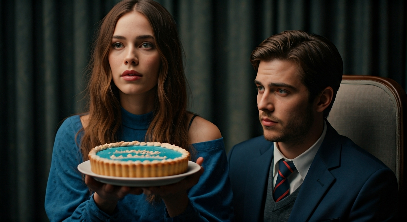 Fotografía conceptual y realista de La Dura, Diliamne Jouve, en una elegante fiesta de cumpleaños con una tarta decorada con motivos marinos, mientras, en un recuadro más pequeño, se vislumbra a Jacob Forever con expresión pensativa. Estilo cinematográfico, alta definición.