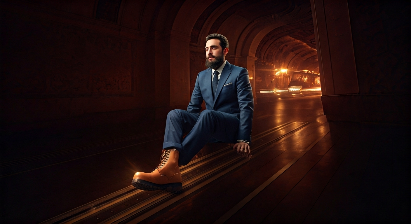 Fotografía conceptual y realista de Fidel Antonio Castro Smirnov, nieto de Fidel Castro, utilizando una bota ortopédica, en un entorno que simboliza la dualidad entre el lujo y la escasez, con un fondo que insinúa un viaje internacional. Estilo cinematográfico, alta definición.