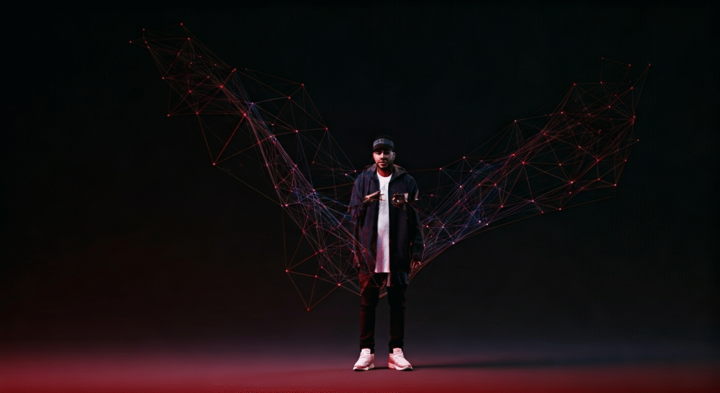 Representación simbólica de la conexión entre artistas en la escena musical urbana, con énfasis en la comunicación digital y la expresión artística.