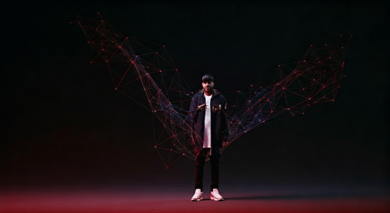 Representación simbólica de la conexión entre artistas en la escena musical urbana, con énfasis en la comunicación digital y la expresión artística.