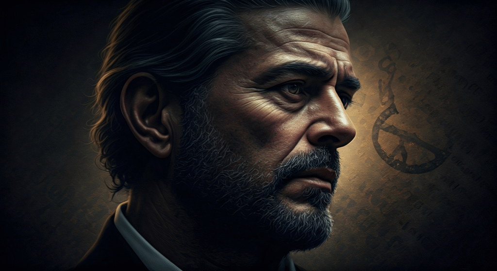 Fotografía conceptual y realista de Miguel Mondragón, de 49 años, con una expresión de solemnidad, sobre un fondo que evoca la ciudad de Austin, Texas, y símbolos de la justicia. Estilo cinematográfico, alta definición.