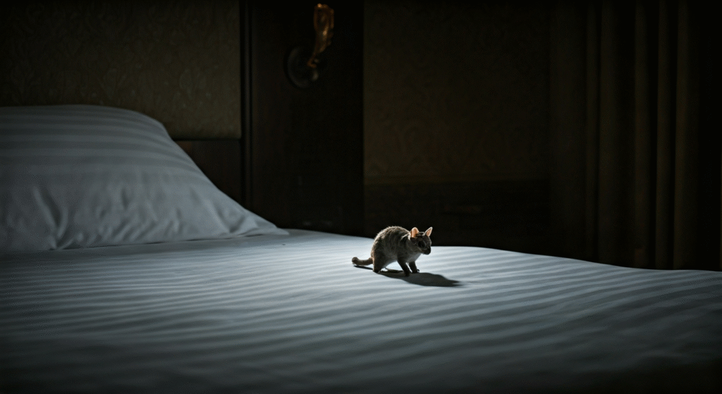 Fotografía fotorrealista de una cama de hotel lujosa pero con un detalle minúsculo y nítido de una chinche sobre la almohada, simbolizando la insalubridad oculta. Iluminación dramática.