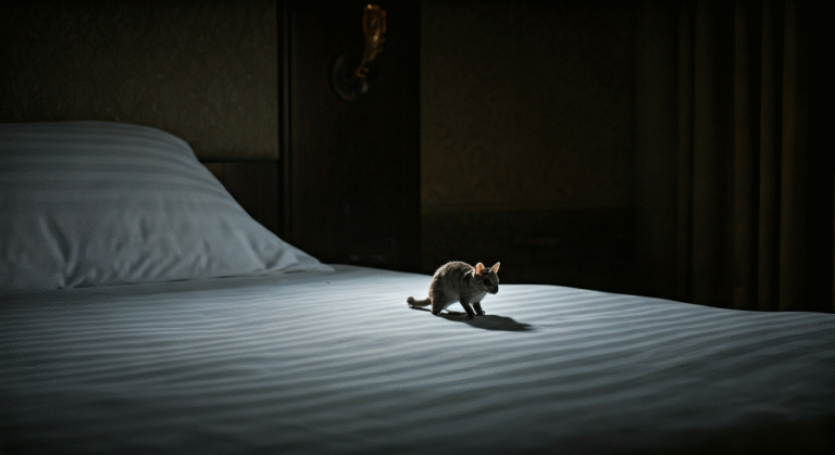 Fotografía fotorrealista de una cama de hotel lujosa pero con un detalle minúsculo y nítido de una chinche sobre la almohada, simbolizando la insalubridad oculta. Iluminación dramática.