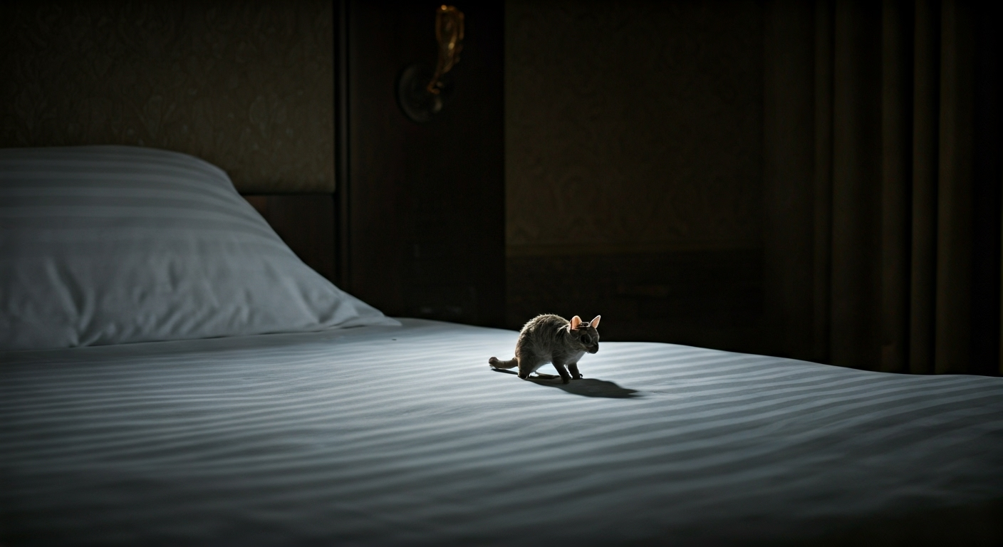 Fotografía fotorrealista de una cama de hotel lujosa pero con un detalle minúsculo y nítido de una chinche sobre la almohada, simbolizando la insalubridad oculta. Iluminación dramática.