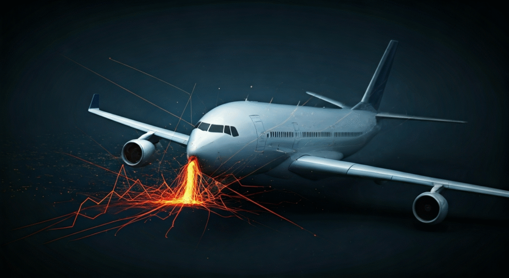 Representación simbólica de la inestabilidad financiera de una aerolínea con estilo visual periodístico.