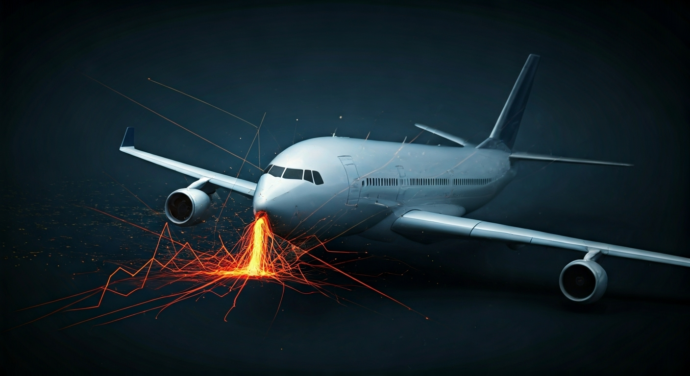 Representación simbólica de la inestabilidad financiera de una aerolínea con estilo visual periodístico.