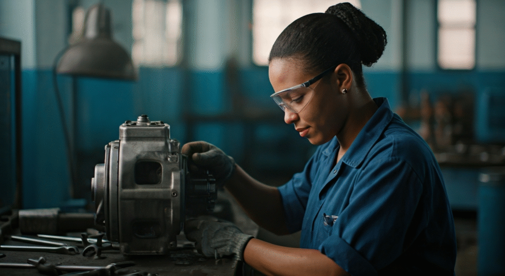 Fotografía fotorrealista de Rosangela Hernández, una joven mecánica cubana, trabajando en el motor de una lavadora en un taller de La Habana, con herramientas esparcidas a su alrededor. Estilo documental, iluminación natural, alta definición.