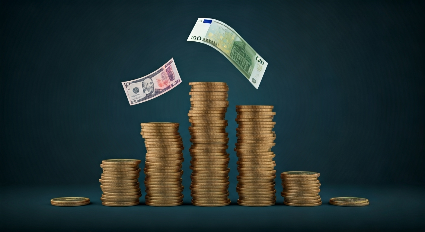 Concepto visual que ilustra la economía informal en Cuba, con billetes de dólar y euro ascendiendo, mientras el peso cubano y MLC descienden, con un estilo de arte gráfico moderno y tecnológico.