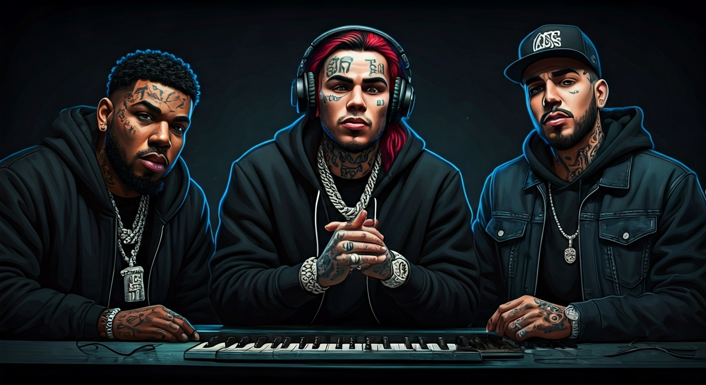 Ilustración editorial de Oniel Bebeshito, Lenier Mesa y Tekashi 6ix9ine en un estudio de grabación, representando una colaboración musical energética con un estilo de arte digital periodístico.