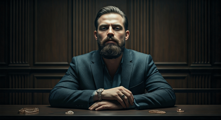 Fotografía conceptual y realista de un hombre con rasgos rumanos en un entorno judicial, con joyas y un reloj Rolex en primer plano, simbolizando su arresto por robo. Estilo cinematográfico, alta definición.
