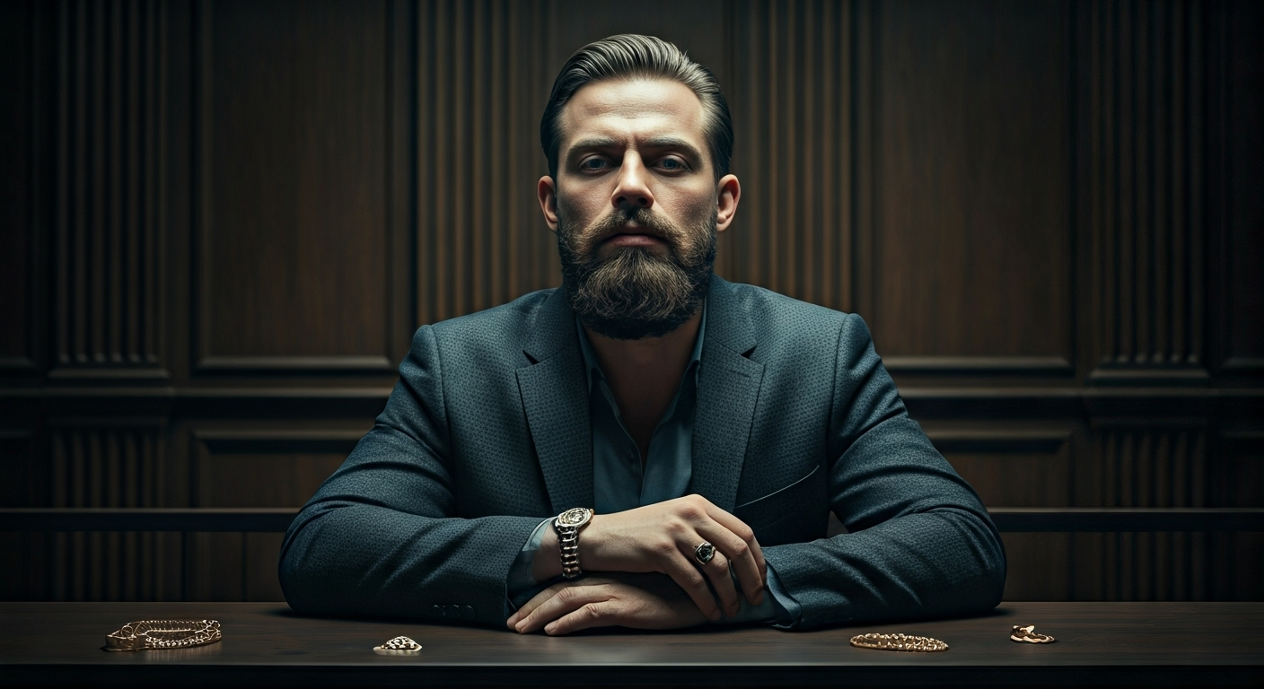 Fotografía conceptual y realista de un hombre con rasgos rumanos en un entorno judicial, con joyas y un reloj Rolex en primer plano, simbolizando su arresto por robo. Estilo cinematográfico, alta definición.