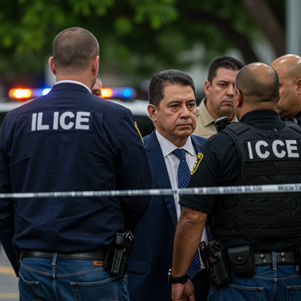 Jorge Luis Vega García, exteniente coronel del MININT, es arrestado por el ICE en Miami por presuntas torturas. ---PROMPT PARA IMAGEN DESTACADA--- Una foto de alta resolución que muestre el arresto de Jorge Luis Vega García por agentes del ICE en Miami. La imagen debe ser impactante, mostrar a los agentes y a Vega García de forma clara, y transmitir la seriedad del evento. El estilo debe ser periodístico y objetivo, sin sensacionalismo. La iluminación debe ser buena y la calidad de la imagen excepcional. Se puede incluir el logo del ICE de forma sutil, sin que distraiga del evento principal.