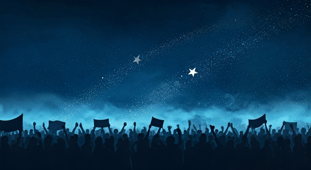 Representación simbólica de la protesta ciudadana por la escasez de agua en Centro Habana con estilo visual periodístico.