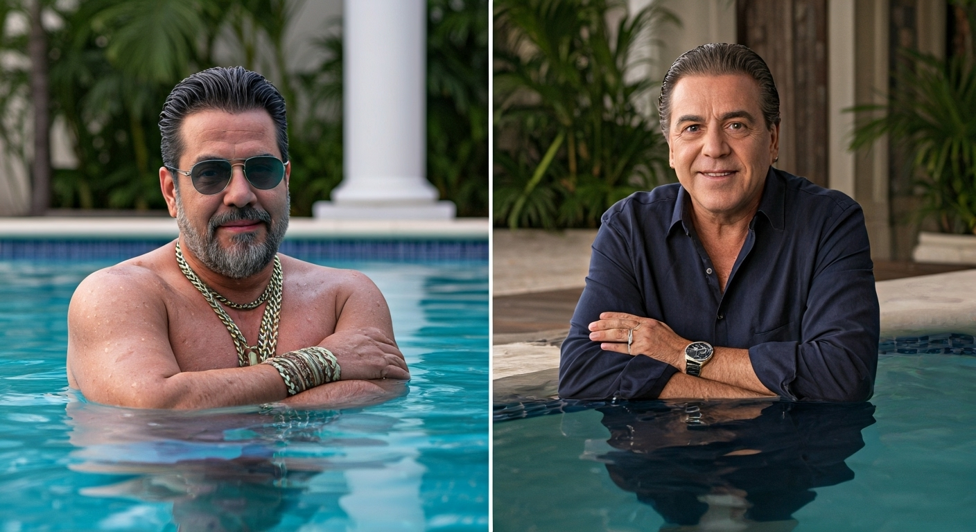Fotografía conceptual y realista de El Chulo en una lujosa piscina en Miami y Roberto Ferrante en un estudio de grabación, con un titular de prensa que los confronta. Estilo cinematográfico, alta definición.