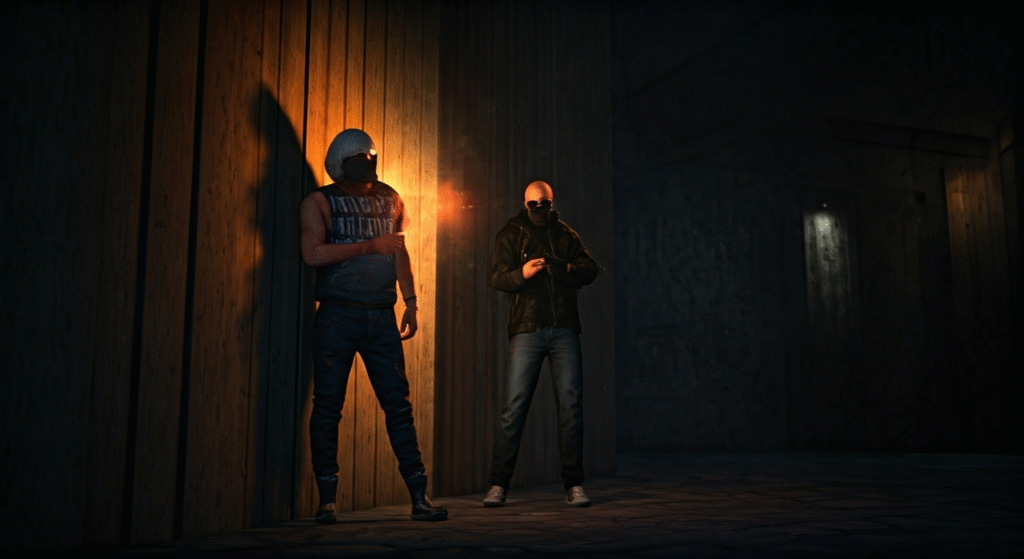 Escena que representa el concepto de violencia y ajuste de cuentas en un entorno urbano, con un enfoque periodístico.