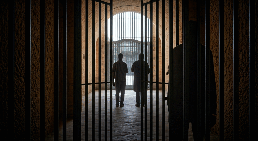 Fotografía conceptual y realista de la prisión Canaleta en Ciego de Ávila, con barras de hierro en primer plano y dos figuras borrosas de reclusos siendo escoltados en la distancia, simbolizando una recaptura exitosa. Estilo cinematográfico, alta definición.