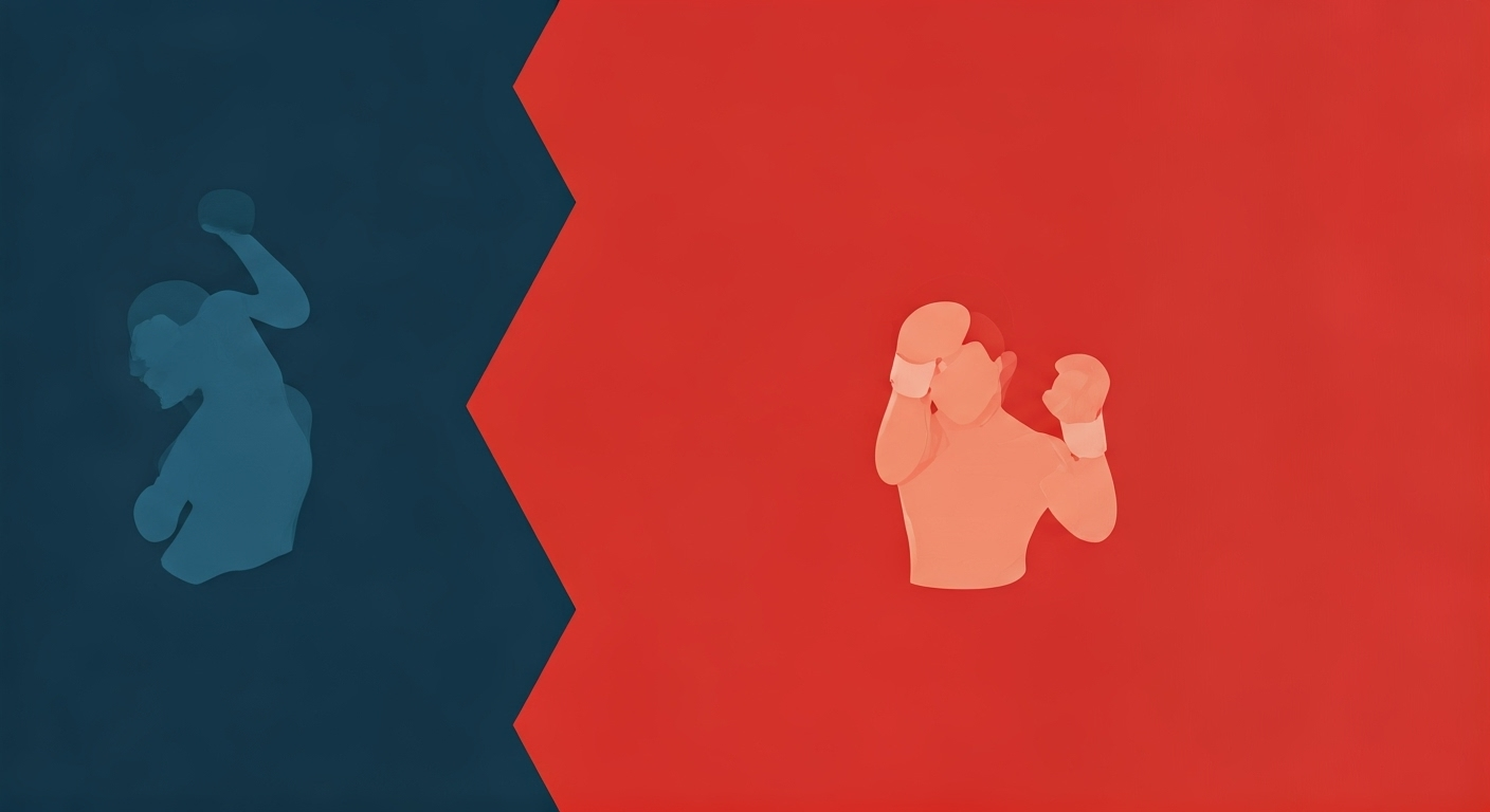 Representación simbólica de la estrategia de combate en MMA con un estilo visual periodístico.