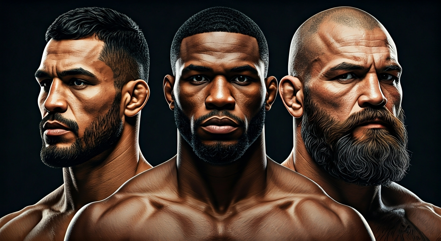 Representación simbólica de la UFC y figuras prominentes del deporte con un estilo visual periodístico.