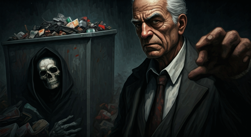 Ilustración editorial de un hombre de edad avanzada y un contenedor de basura, con una imagen de una calavera en la sombra, representando la escena del crimen y la víctima, con un estilo de arte digital periodístico.
