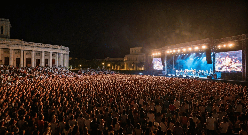 Escena nocturna de un concierto al aire libre en La Habana, con un escenario iluminado y una gran multitud de público disfrutando de la música.