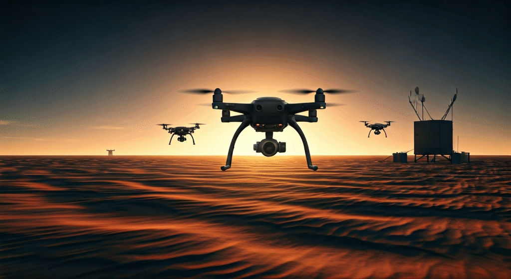 Representación simbólica de la vigilancia fronteriza con tecnología avanzada, utilizando drones y centros de mando en el desierto.