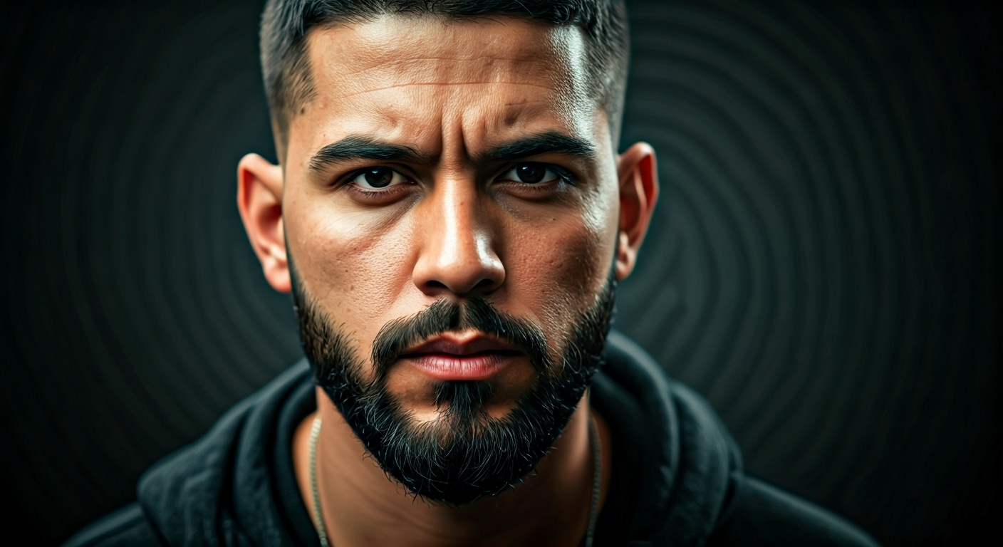 Fotografía conceptual y realista de Ja Rulay en su juventud, con una expresión de determinación en un fondo que sugiere un estudio de grabación modesto, simbolizando sus inicios y los desafíos en la música urbana cubana. Estilo cinematográfico, alta definición.