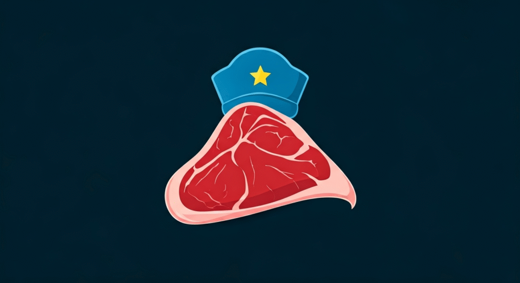 Representación simbólica de la seguridad alimentaria en Estados Unidos con énfasis en la inspección de carne, utilizando un estilo visual periodístico y profesional.