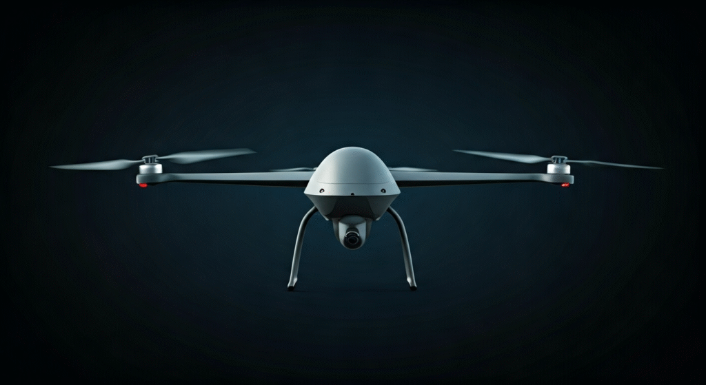 Representación simbólica de la tecnología de drones militares con estilo visual periodístico.