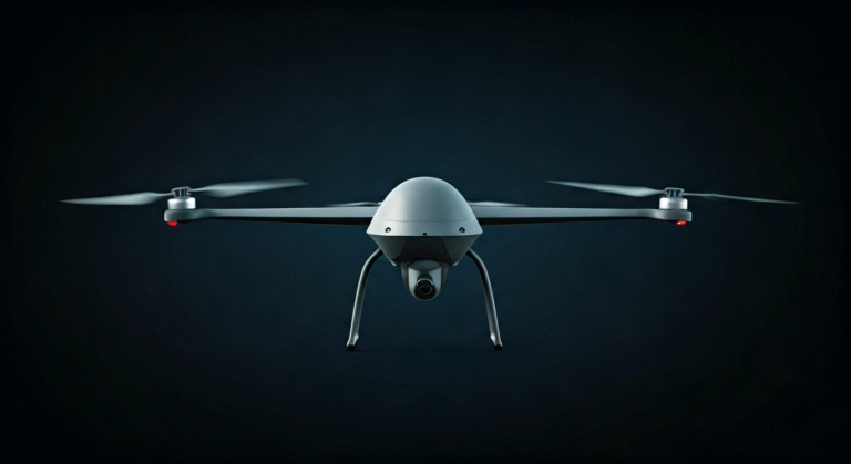 Representación simbólica de la tecnología de drones militares con estilo visual periodístico.