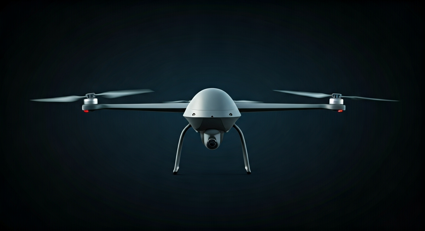 Representación simbólica de la tecnología de drones militares con estilo visual periodístico.